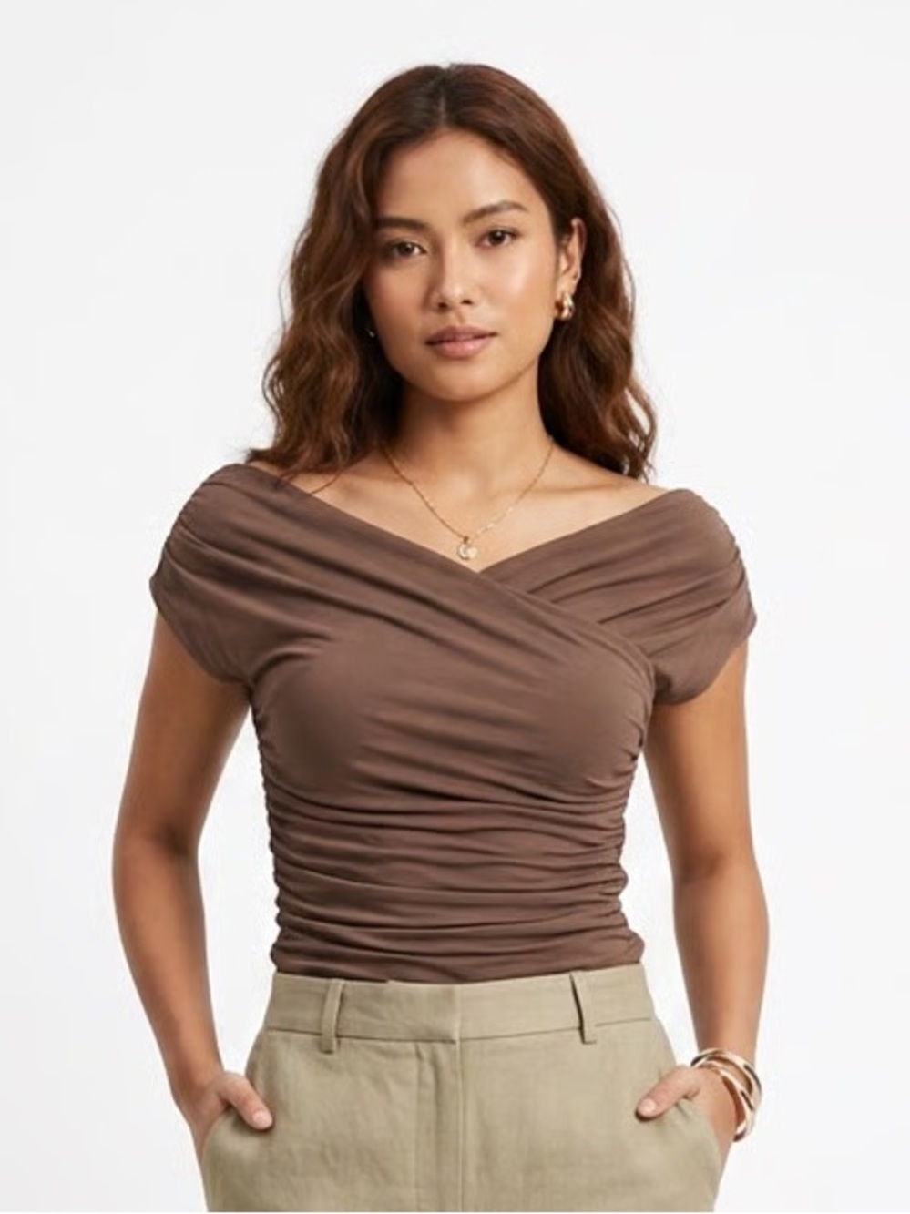 OGL Brown Ruched Crossover Padded Top Sz M